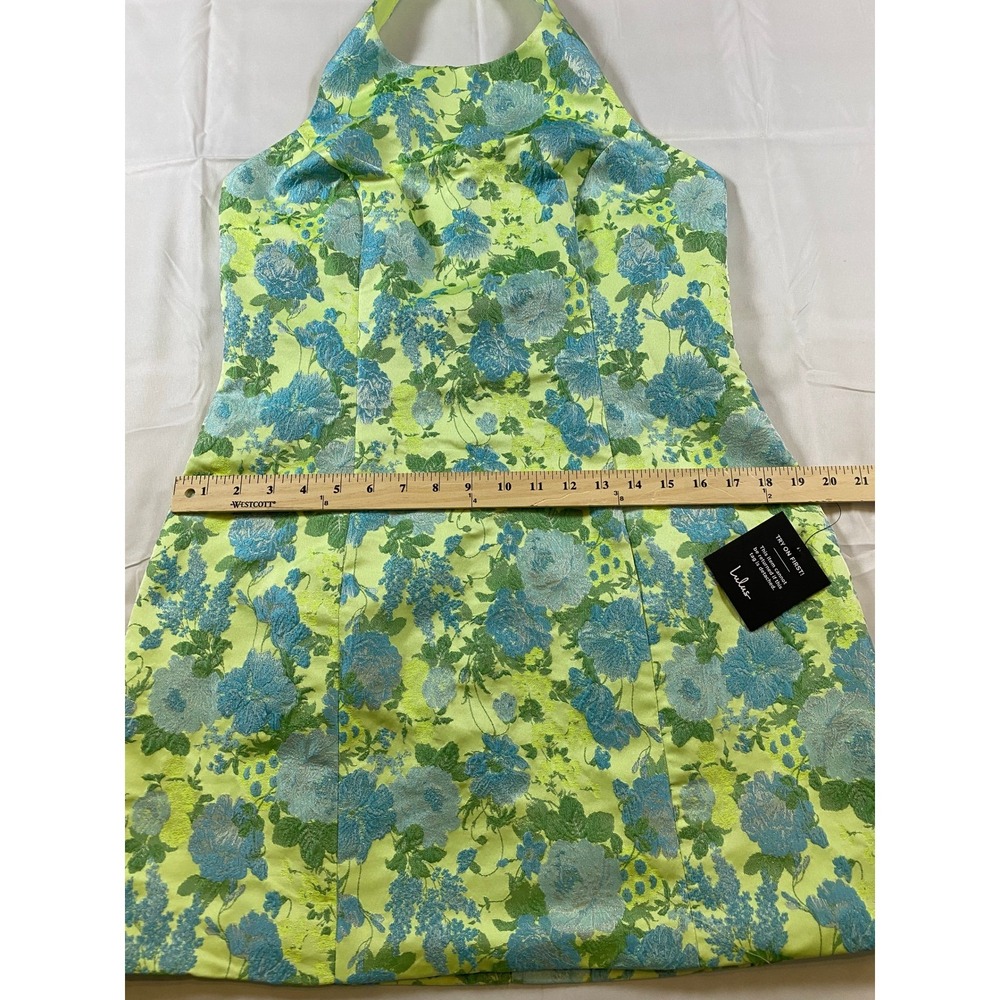 Lulus Ariadna Lime Green Floral‎ Jacquard Halter Mini Dress Size Large - Picture 8 of 15